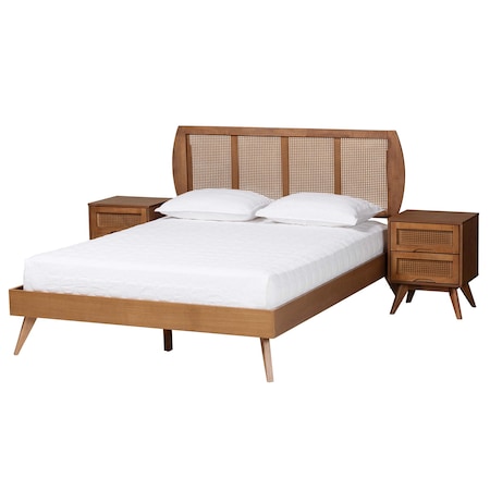 Baxton Studio Asami Mid-Century Modern Walnut Brown Finished Wood and Woven Rattan Full Size 3-Piece Bedroom Set 242-11116-9407-11298-11298-ZORO